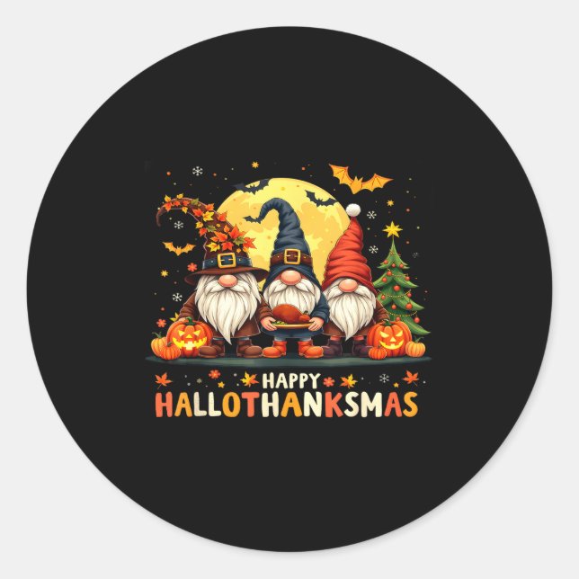 Happy Hallothanksmas Gnomes Halloween Thanksgiving Classic Round Sticker (Front)