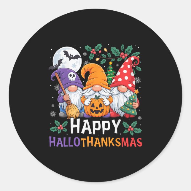 Happy Hallothanksmas Gnomes Halloween Thanksgiving Classic Round Sticker (Front)