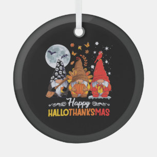 Happy Hallothanksmas Gnomes Halloween Thanksgiving Glass Tree Decoration