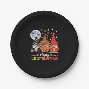 Happy Hallothanksmas Gnomes Halloween Thanksgiving Paper Plate