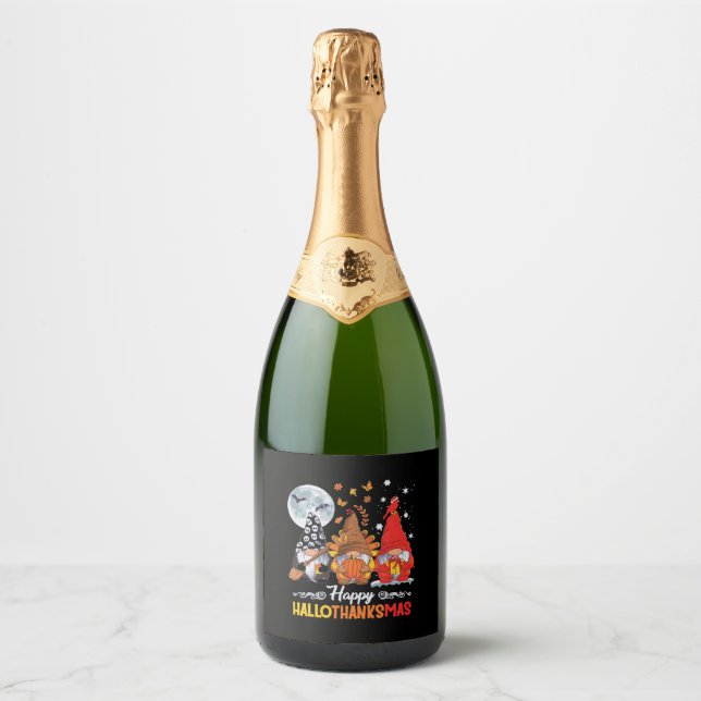 Happy Hallothanksmas Gnomes Halloween Thanksgiving Sparkling Wine Label (Front)