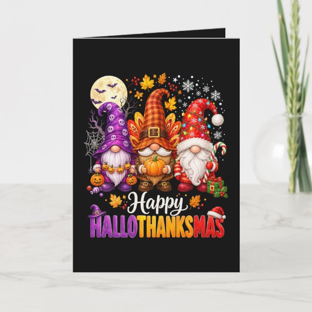 Happy HalloThanksMas Gnomes Holiday Card (Front)