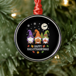 Happy Hallothanksmas Gnomes Lover Halloween Xmas Metal Tree Decoration