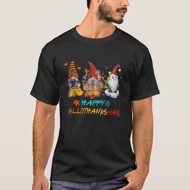Happy Hallothanksmas Gnomes  Witch Santa Hat Pumpk T-Shirt (Front)