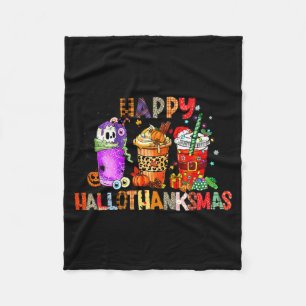 Happy Hallothanksmas Halloween Coffee Latte Thanks Fleece Blanket