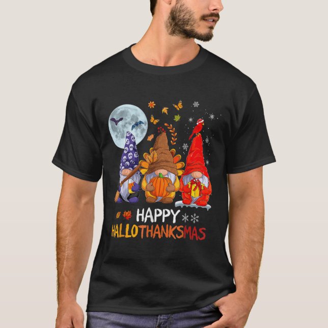 Happy Hallothanksmas Halloween Gnomes Thanksgiving T-Shirt (Front)