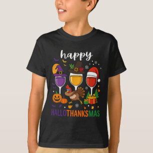 Happy Hallothanksmas Halloween Wine Thanksgiving C T-Shirt