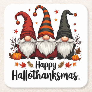Happy Hallothanksmas Halloween Xmas Gnomes  Square Paper Coaster