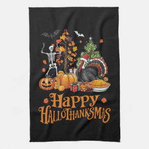 Happy Hallothanksmas Happy Halloween Thanksgiving Tea Towel