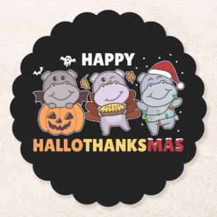 Happy Hallothanksmas Hippos Christmas Hippo Paper  Coaster