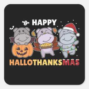 Happy Hallothanksmas Hippos Christmas Hippo Square Sticker