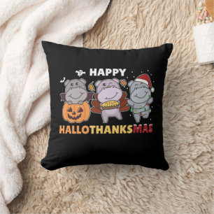 Happy Hallothanksmas Hippos Christmas Hippo Throw Cushion