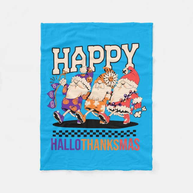 Happy Hallothanksmas Holiday Gnomes Design Fleece Blanket (Front)