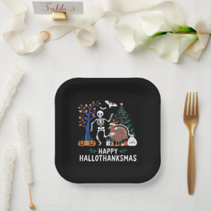 Happy Hallothanksmas Holiday Season Gift Fall Paper Plate