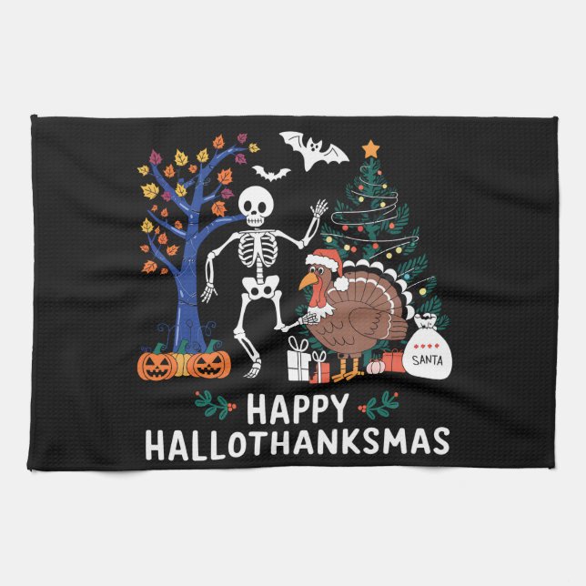 Happy Hallothanksmas Holiday Season Gift Fall Tea Towel (Horizontal)
