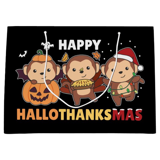 Happy Hallothanksmas Monkey Christmas Monkeys Larg Large Gift Bag (Front)