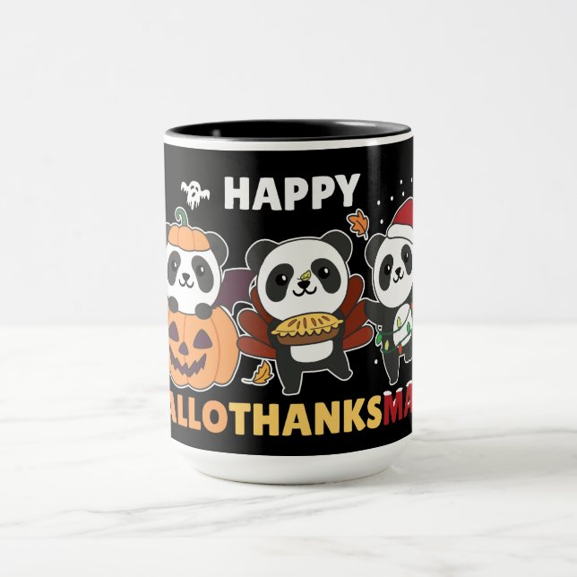 Happy Hallothanksmas Pandas Christmas Panda Mug (Center)