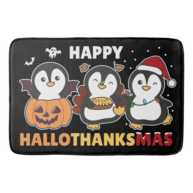 Happy Hallothanksmas Penguins Christmas Penguin Ba Bath Mat (Front)