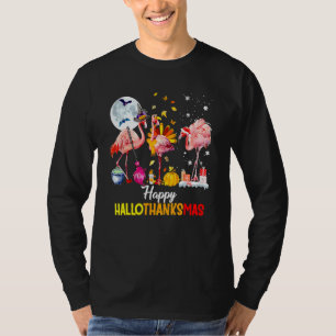 Happy Hallothanksmas Pink Flamingo Witch Santa Hat T-Shirt