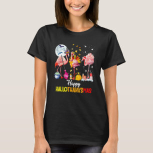 Happy Hallothanksmas Pink Flamingo Witch Santa Hat T-Shirt