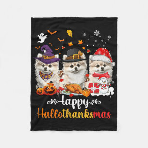 Happy Hallothanksmas Pomeranian Dog Halloween Chri Fleece Blanket