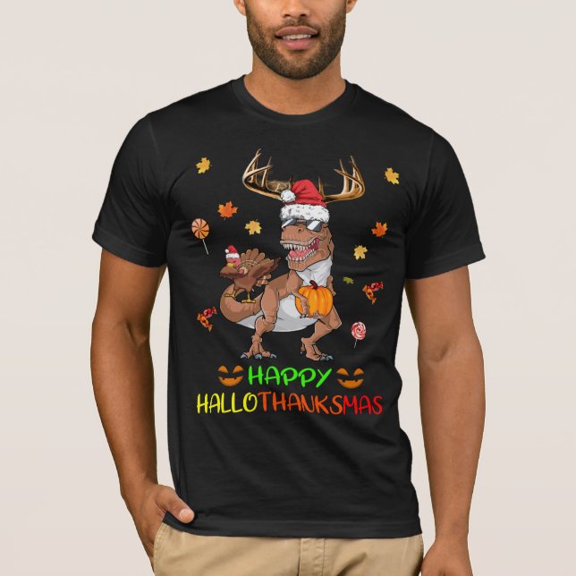 happy Hallothanksmas Pumpkin Dinosaur Turkey santa T-Shirt (Front)