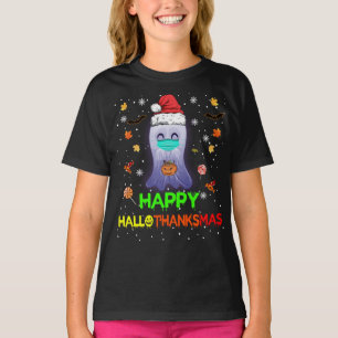Happy Hallothanksmas Pumpkin Ghost Santa Hats T-Shirt