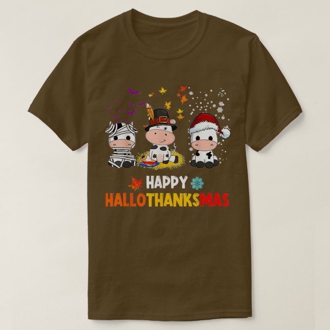Happy HalloThanksMas Santa Cow Halloween Thanksgiv T-Shirt (Design Front)