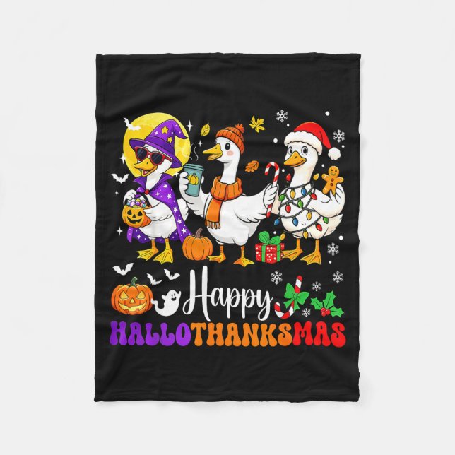 Happy Hallothanksmas Santa Goose Witch Soky Season Fleece Blanket (Front)