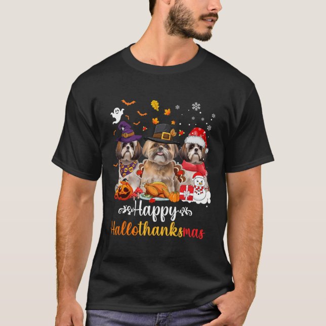 Happy Hallothanksmas Shih Tzu Dog Halloween Christ T-Shirt (Front)