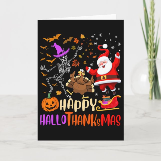 Happy Hallothanksmas Skeleton Pumpkin Turkey Santa Card (Front)