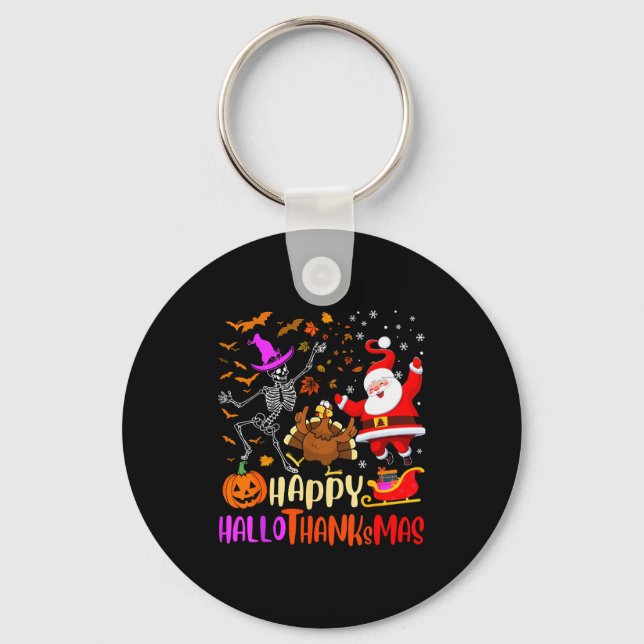 Happy Hallothanksmas Skeleton Pumpkin Turkey Santa Key Ring (Front)