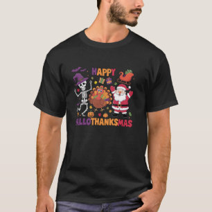 Happy Hallothanksmas Skeleton Pumpkin Turkey Santa T-Shirt