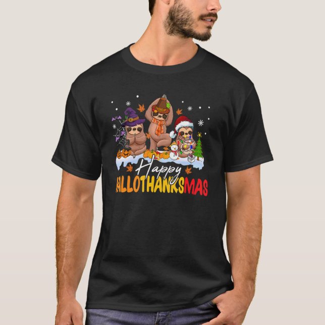 Happy Hallothanksmas Sloth  Thanksgiving Christmas T-Shirt (Front)