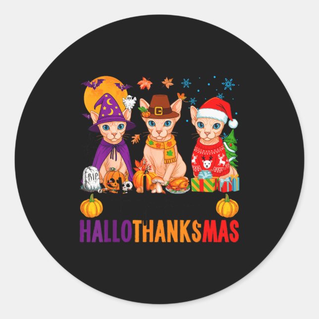 Happy Hallothanksmas Sphynx Cats Halloween Thanksg Classic Round Sticker (Front)