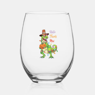 Happy Hallothanksmas T Rex Halloween Thanksgiving  Stemless Wine Glass