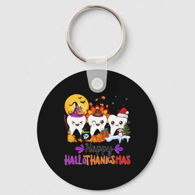 Happy Hallothanksmas Teeth Halloween Thanksgiving  Key Ring (Front)
