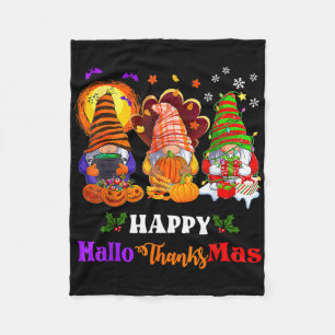 Happy Hallothanksmas Three Gnomes Halloween Merry Fleece Blanket