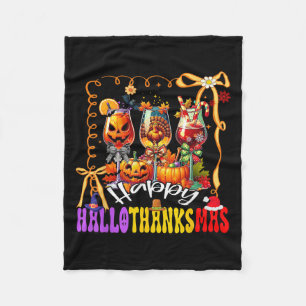 Happy Hallothanksmas Wine Gl Halloween Thanksgivin Fleece Blanket