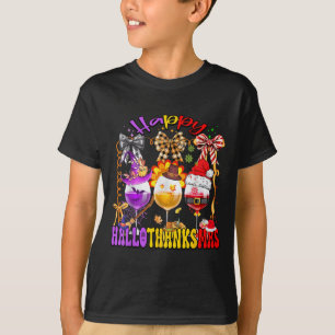 Happy Hallothanksmas Wine Gl Halloween Thanksgivin T-Shirt