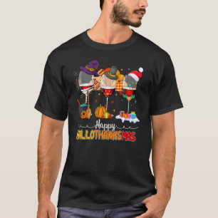 Happy Hallothanksmas Wine Glasses Drinking Hallowe T-Shirt