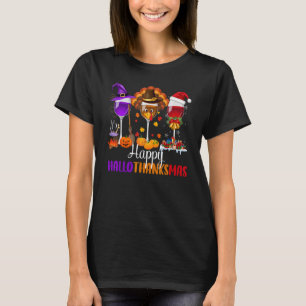 Happy Hallothanksmas Wine Glasses Drinking Hallowe T-Shirt