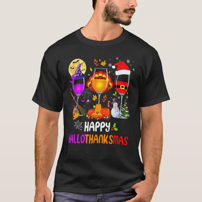 Happy Hallothanksmas Wine Glasses Halloween Thanks T-Shirt (Front)