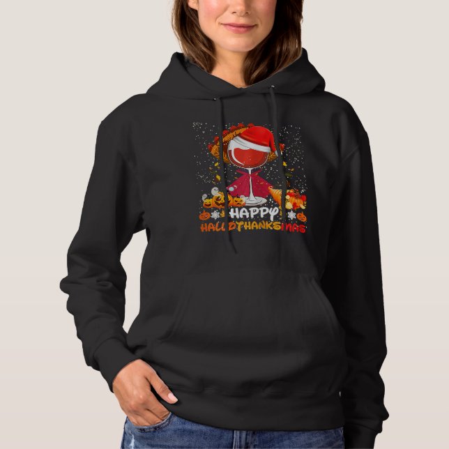 Happy Hallothanksmas Wine Glasses Witch Santa Hat  Hoodie (Front)
