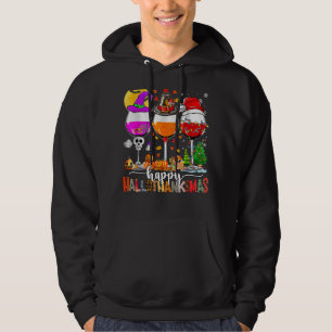 Happy Hallothanksmas Wine Glasses Witch Santa Hat  Hoodie