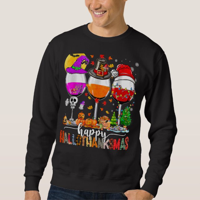 Happy Hallothanksmas Wine Glasses Witch Santa Hat  Sweatshirt (Front)