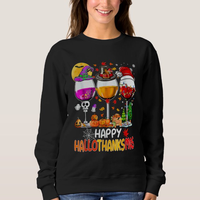 Happy Hallothanksmas Wine Glasses Witch Santa Hat  Sweatshirt (Front)