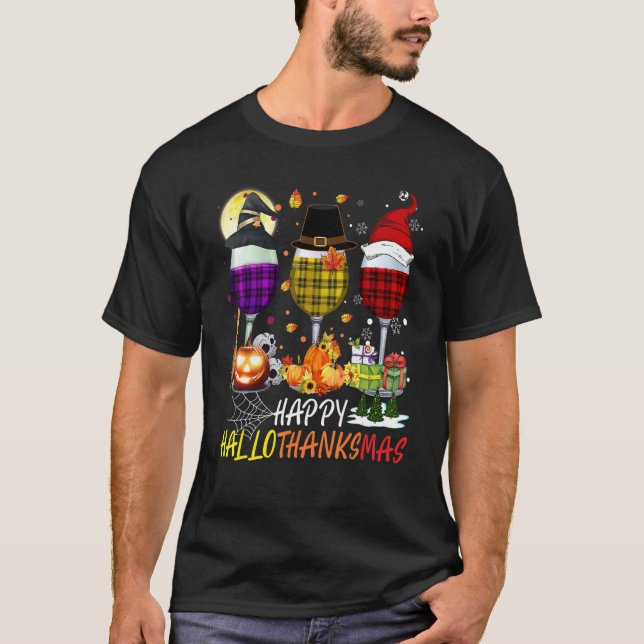 Happy Hallothanksmas Wine Glasses Witch Santa Hat  T-Shirt (Front)
