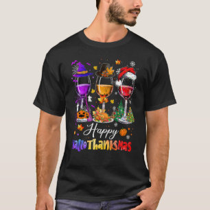 Happy Hallothanksmas Wine Glasses Witch Santa Hat  T-Shirt