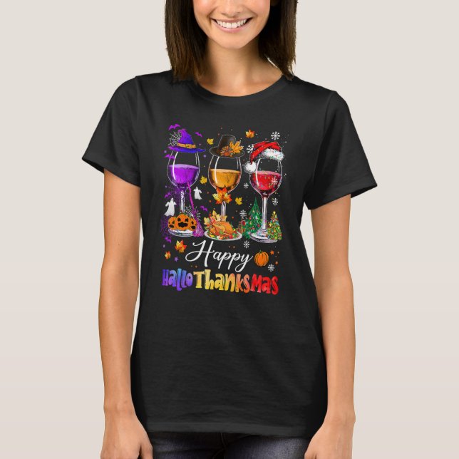 Happy Hallothanksmas Wine Glasses Witch Santa Hat  T-Shirt (Front)